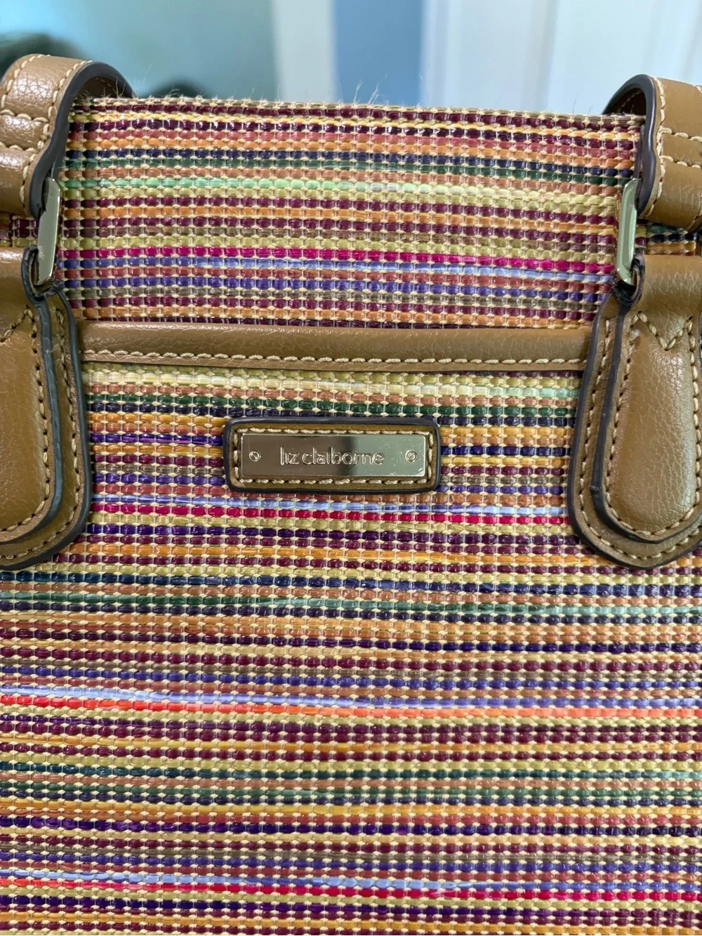 Vintage Liz Claiborne Multicolor Woven Stripe Tote Bag Shoulder Purse